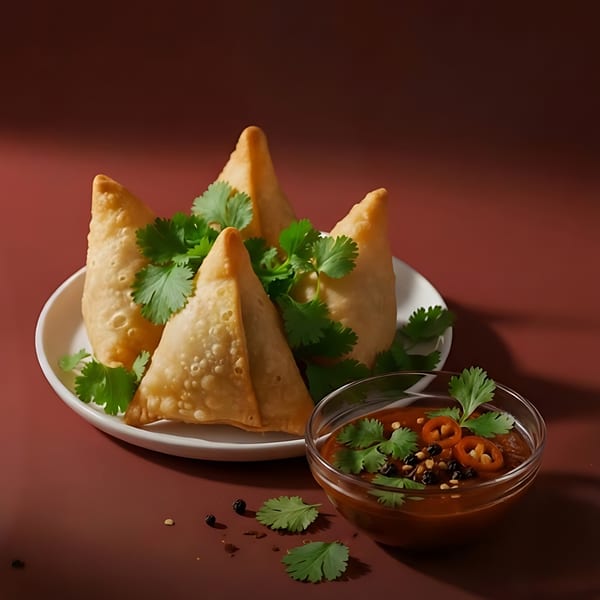 Four golden-brown samosas garnished with fresh cilantro on a white plate, with a side of dipping sauce.