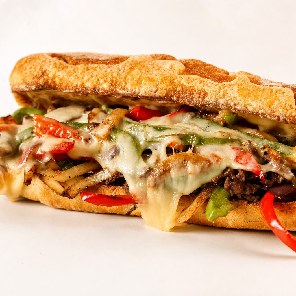 Cheese Steak, French Fries and Can Soda.